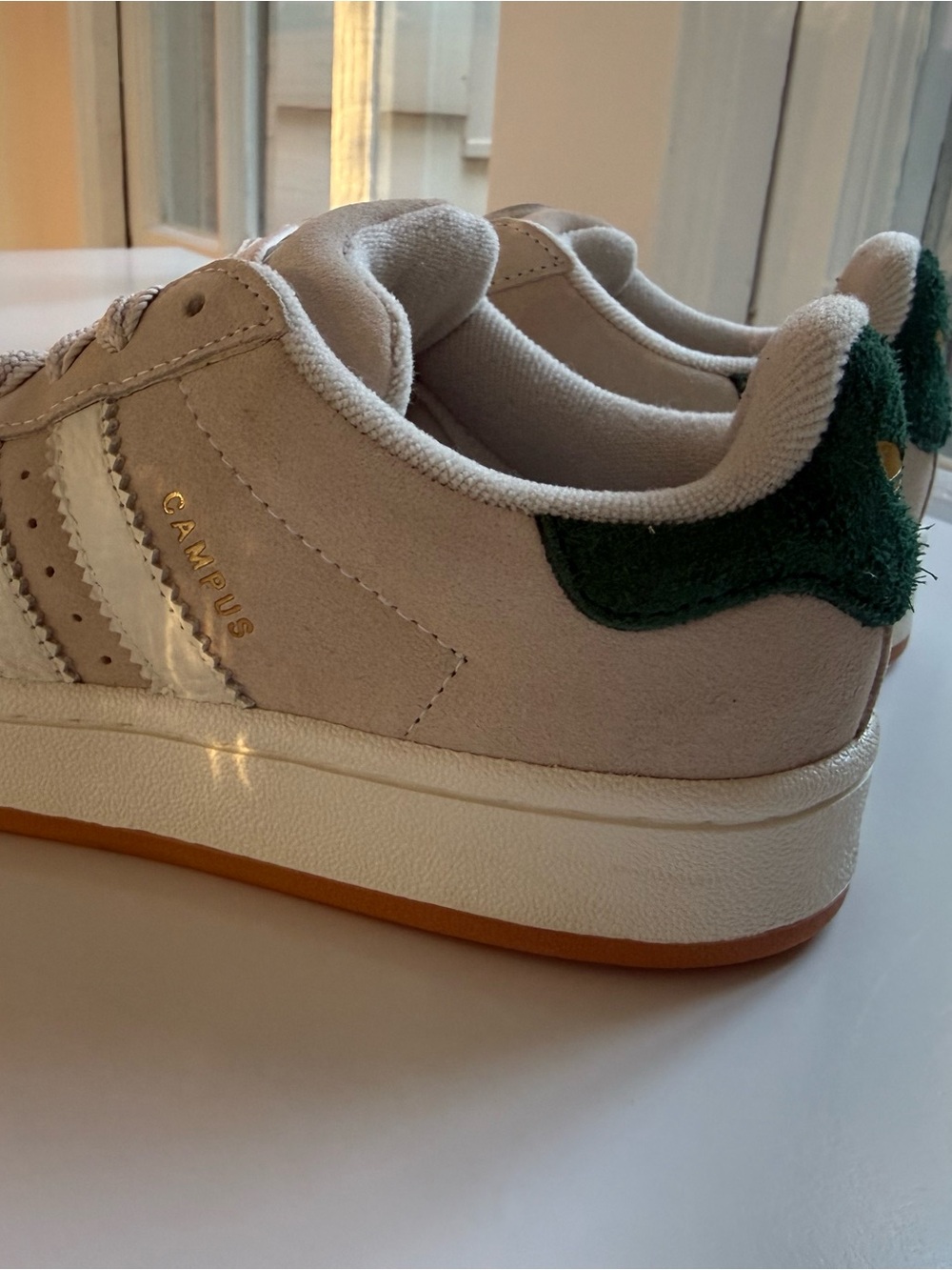 adidas Originals Beige Suede Campus Sneakers with Green Heel Tab